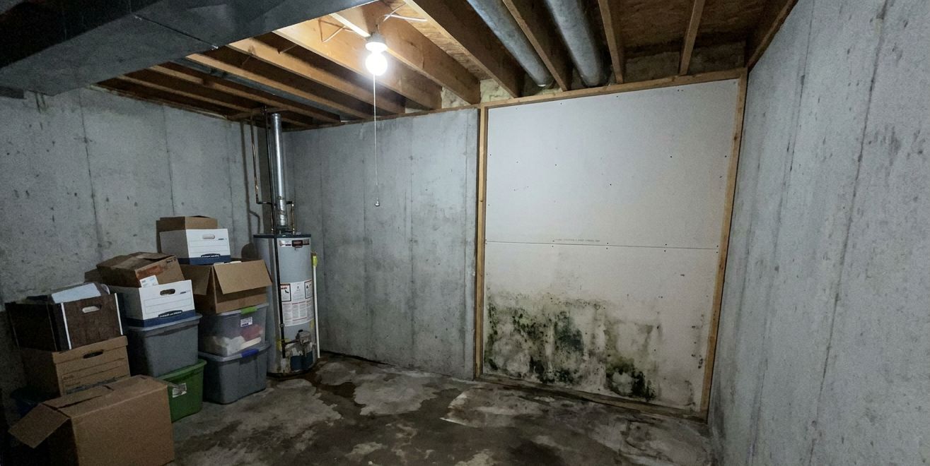 Unfinished basement with concrete walls and black mold climbing the drywall
